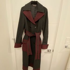 Womens Two-Tone Wool-Blend Trench Coat - Charcoal & Burgundy